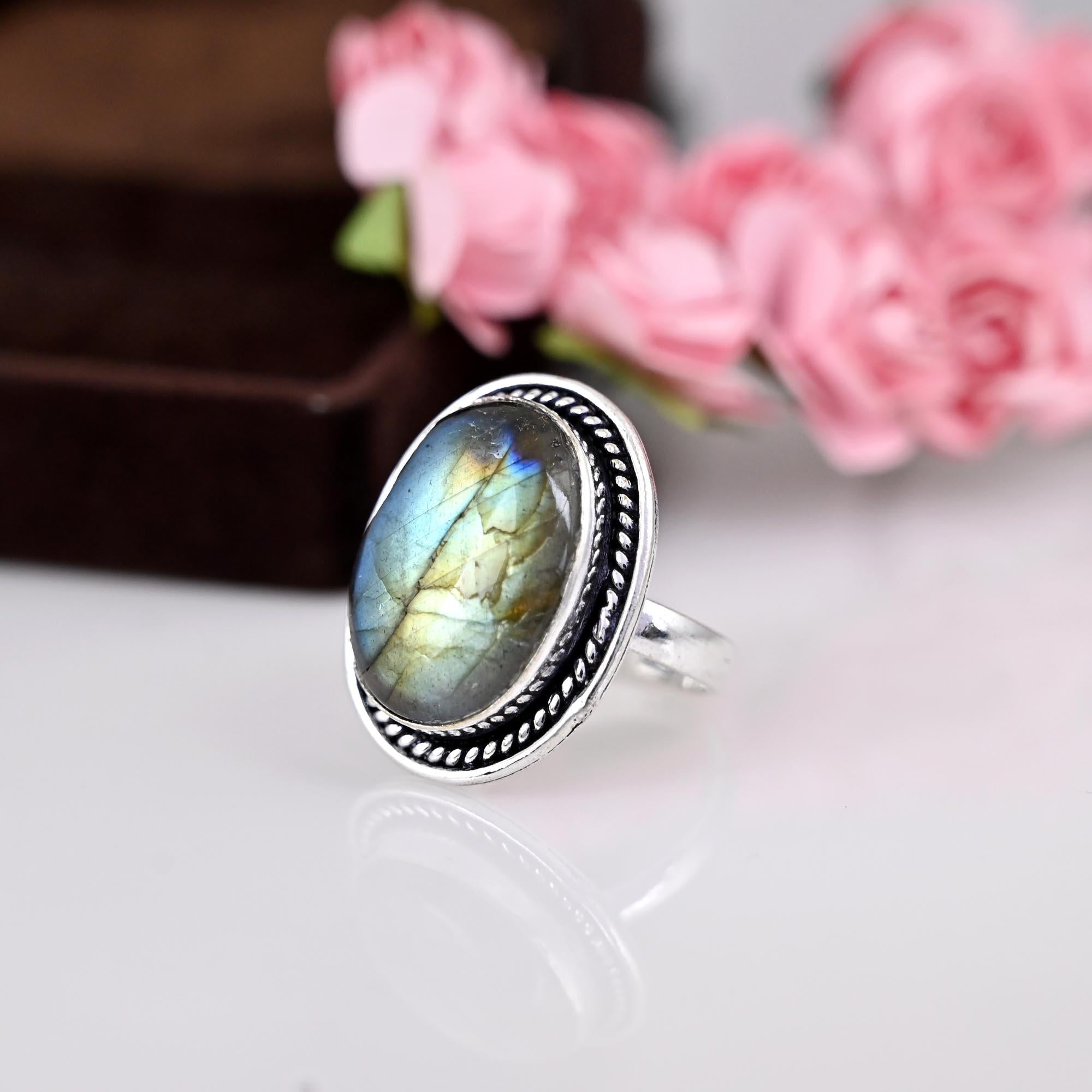 Labradorite Ring for Women, Sterling Silver Ring, Boho Ring, Natural Large Big Blue Stone Ring, Statement Ring