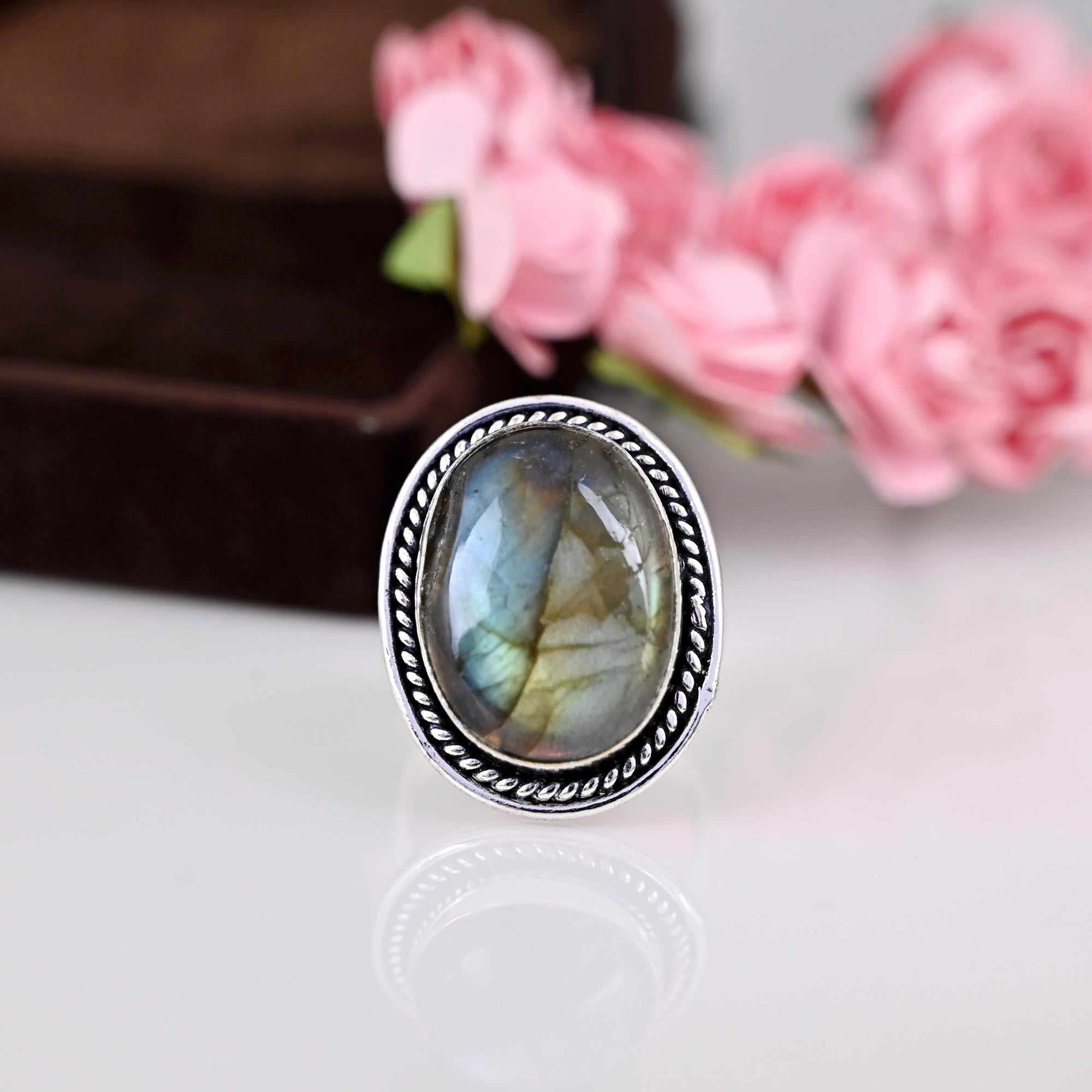 Labradorite Ring for Women, Sterling Silver Ring, Boho Ring, Natural Large Big Blue Stone Ring, Statement Ring