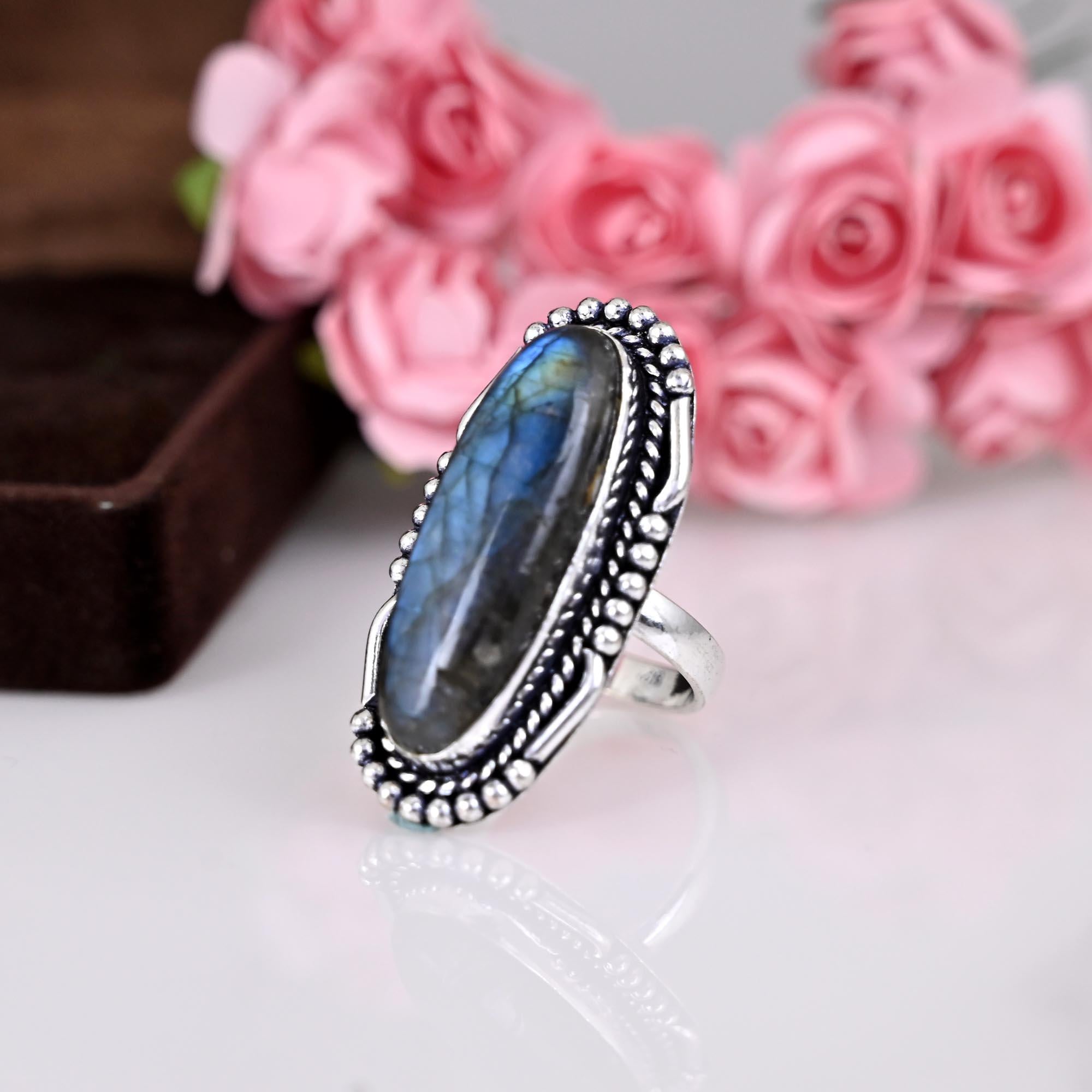 Labradorite Ring, Sterling Silver Ring for Women, Bohemian Jewelry, Chunky Boho Simple Ring with Stone, Big Blue Gemstone