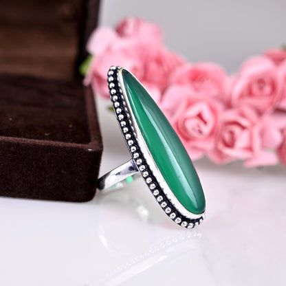 Green Onyx Ring Silver, Solitaire Stone Ring, Green Stone Ring, Stackable Ring, Pear Stone Ring, Long Oval Ring, Gift For Her,