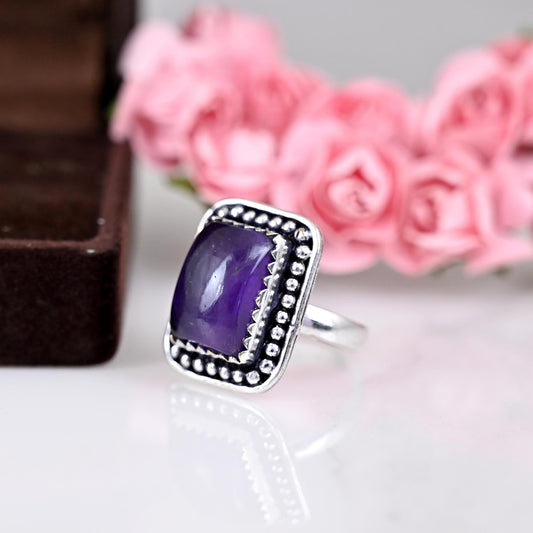 Large Amethyst and Mother, Boho Silver Ring, Natural Amethyst Sterling Silver Ring, Gift for Her, Birthstone Ring, Anniversary Gift,