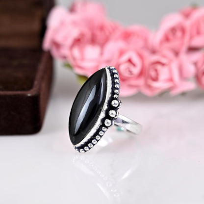 Genuine Black Onyx Ring, Black Onyx Marquise Ring, Black Stone Ring, Black Onyx Statement Ring, Boho Silver Ring, Everyday Silver Ring