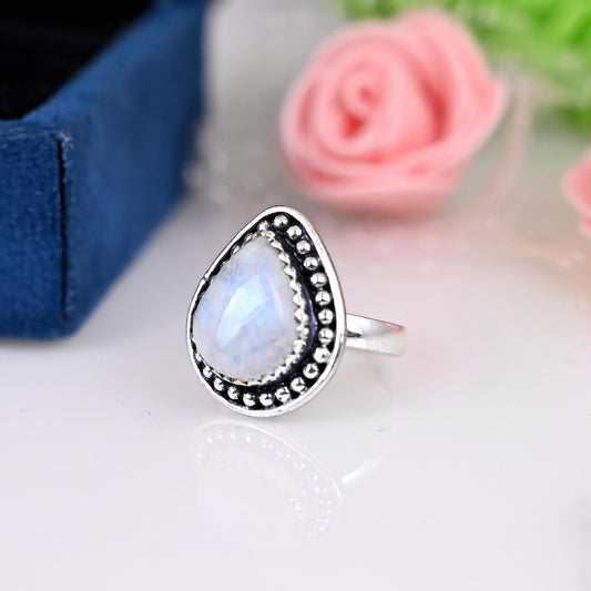 Rainbow Moonstone Ring, Sterling Silver Rings for Women, white Stone Ring, Boho Simple Ring with Big Stone, Birthstone Gemstone Ring Jewelry