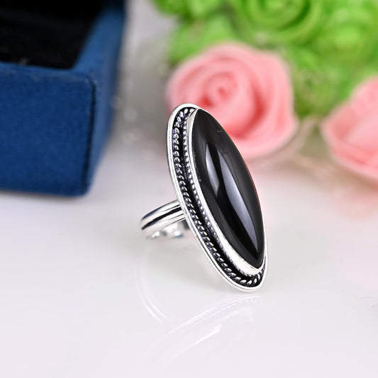 Genuine Black Onyx Ring Black Onyx Statement Ring For Women Black Stone Onyx Ring in Silver Huge Marquise Ring Minimalist Rings,