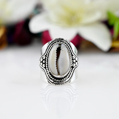 925 Sterling Silver Cowrie Shell Ring- Beach Jewelry, Statement Ring, Boho Silver Ring, Cowrie  Ring, Engagement Ring, Gifts for Her