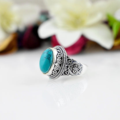 Boho Turquoise Ring, Silver Turquoise Ring,  Large Turquoise Ring, Sterling Silver Ring, Birthstone Ring, Bohemian Jewelry, Gift.