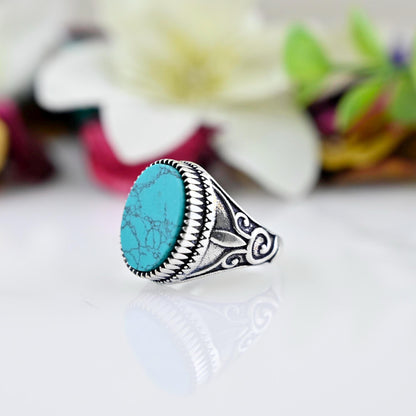 Turquoise Ring, Sterling Silver, Blue Green Turquoise stone, Flat Oval Stone Ring, Ethnic Jewelry, Antique Ring, Bohemian Jewelry