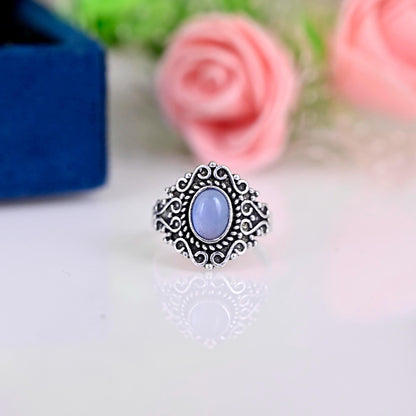 Natural Blue Chalcedony Ring-Handmade Silver Ring-925 Sterling Silver Ring-Oval Blue Chalcedony Ring-Promise Ring-Sagittarius Birthstone