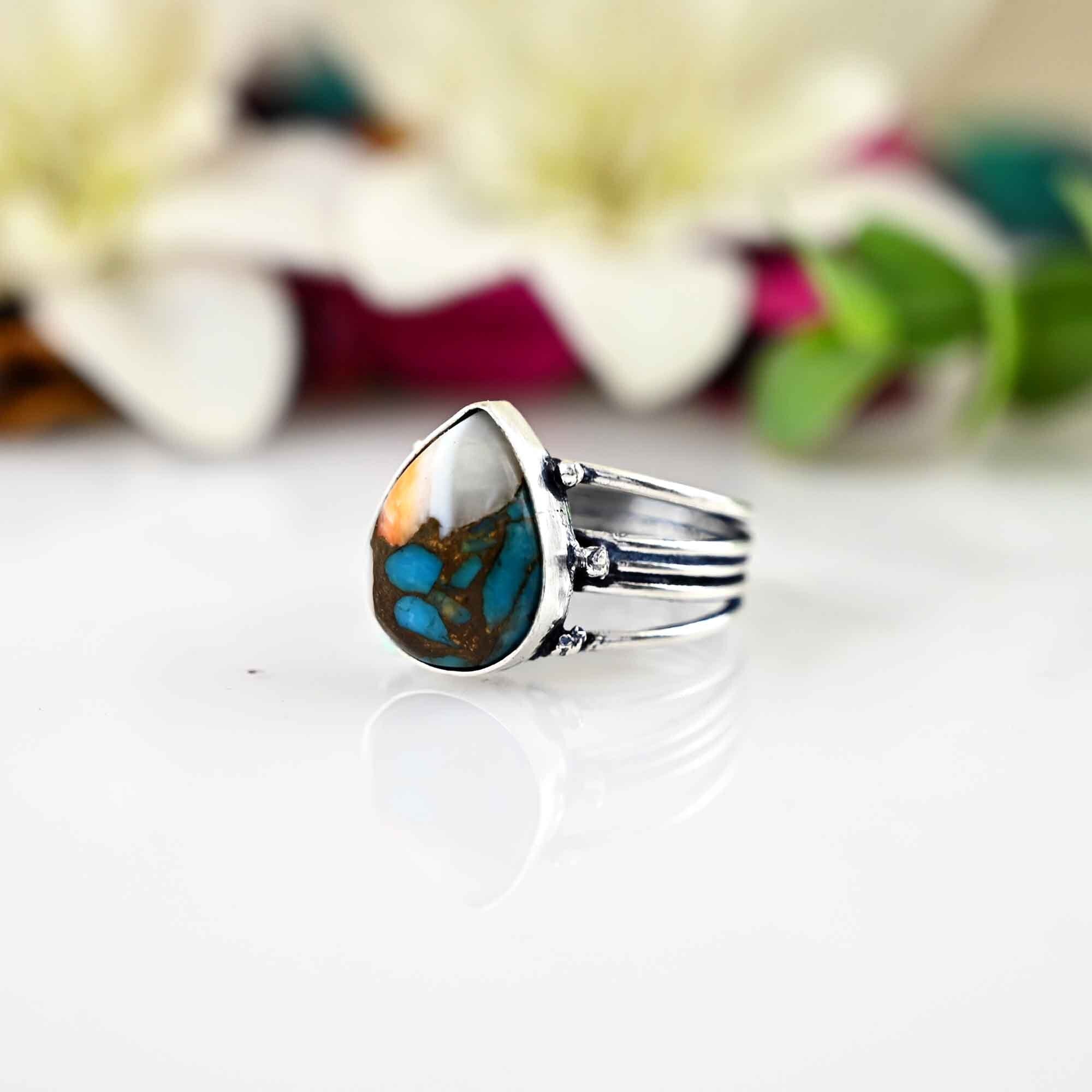 Oyster Copper Turquoise Ring , 925 Sterling Silver Ring , Wedding Ring , Promise Ring , Gift for Women , Silver Jewelry, Gift for her