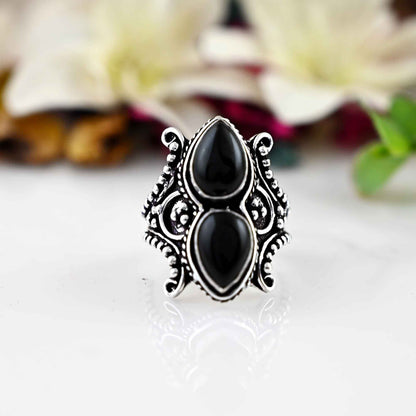 Black Obsidian Ring, 925 Sterling Silver Ring, Women Gift Ring,  Natural Double Obsidian Ring,  Silver Ring, Obsidian Jewelry