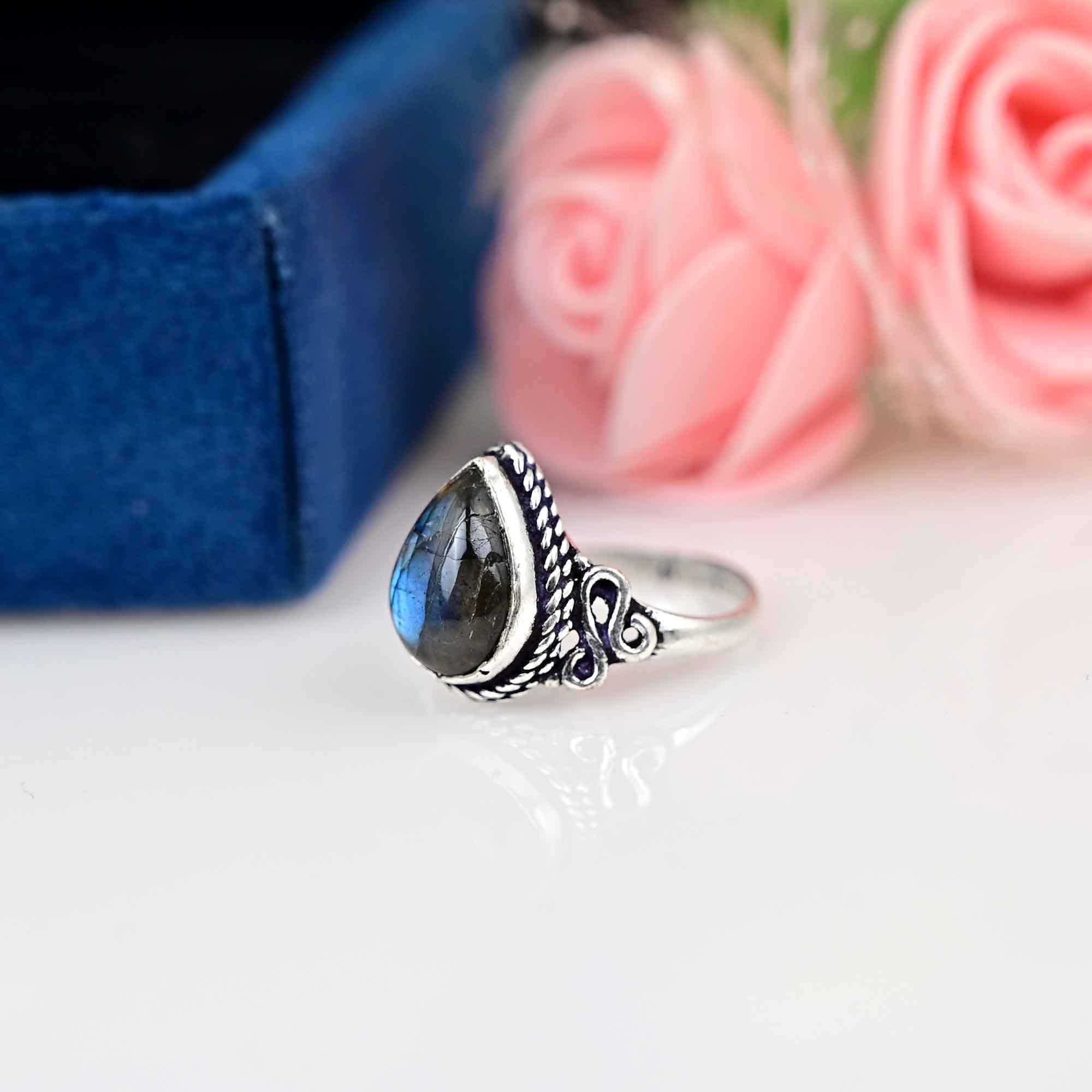 Natural Labradorite Stacking Ring Dainty Ring Statement Ring 925 Silver Ring Mini Labradorite Ring Handmade Ring Blue Fire Ring Women Ring