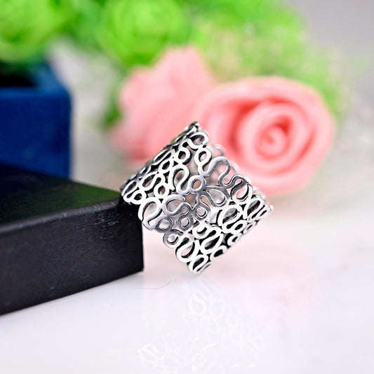 Sterling Silver Statement Ring, 925 Filigree - Openwork Lace, Promise Ring  Flower, Floral, Midi , Boho Jewelry - Bridesmaid Gift