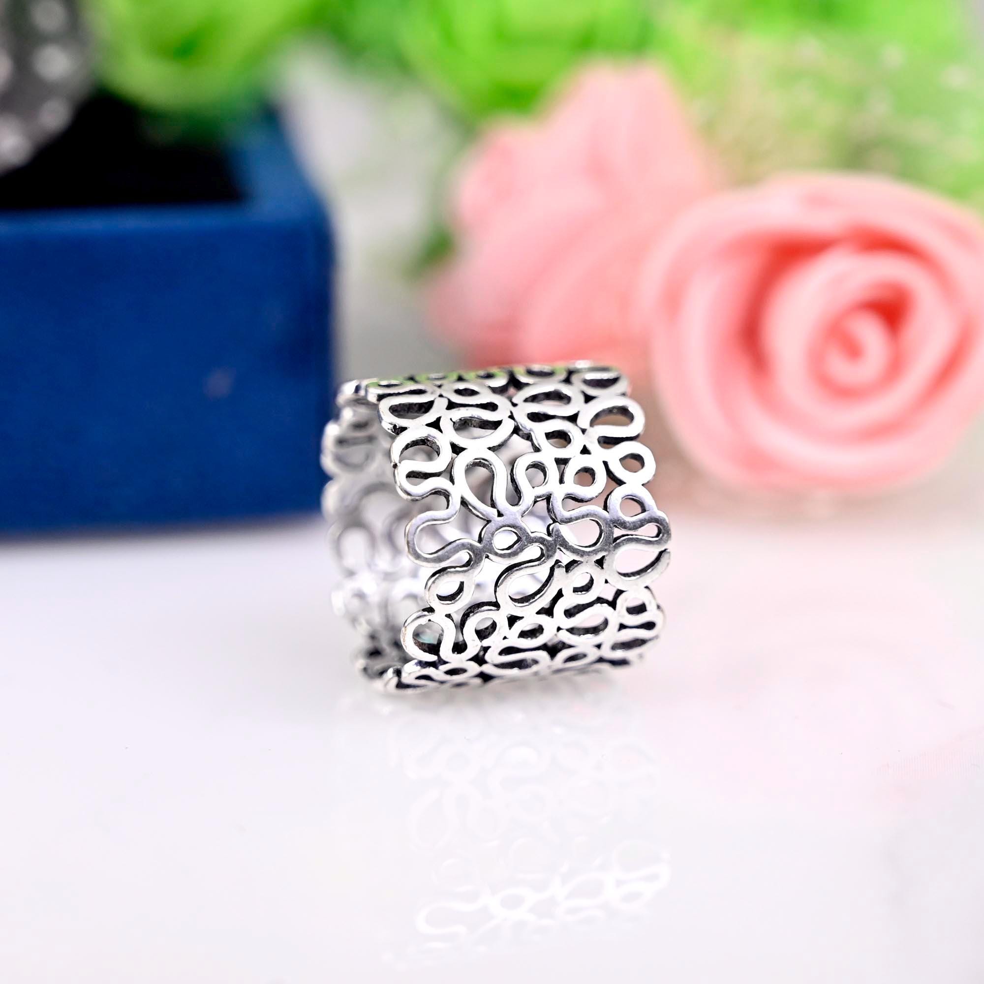 Sterling Silver Statement Ring, 925 Filigree - Openwork Lace, Promise Ring  Flower, Floral, Midi , Boho Jewelry - Bridesmaid Gift