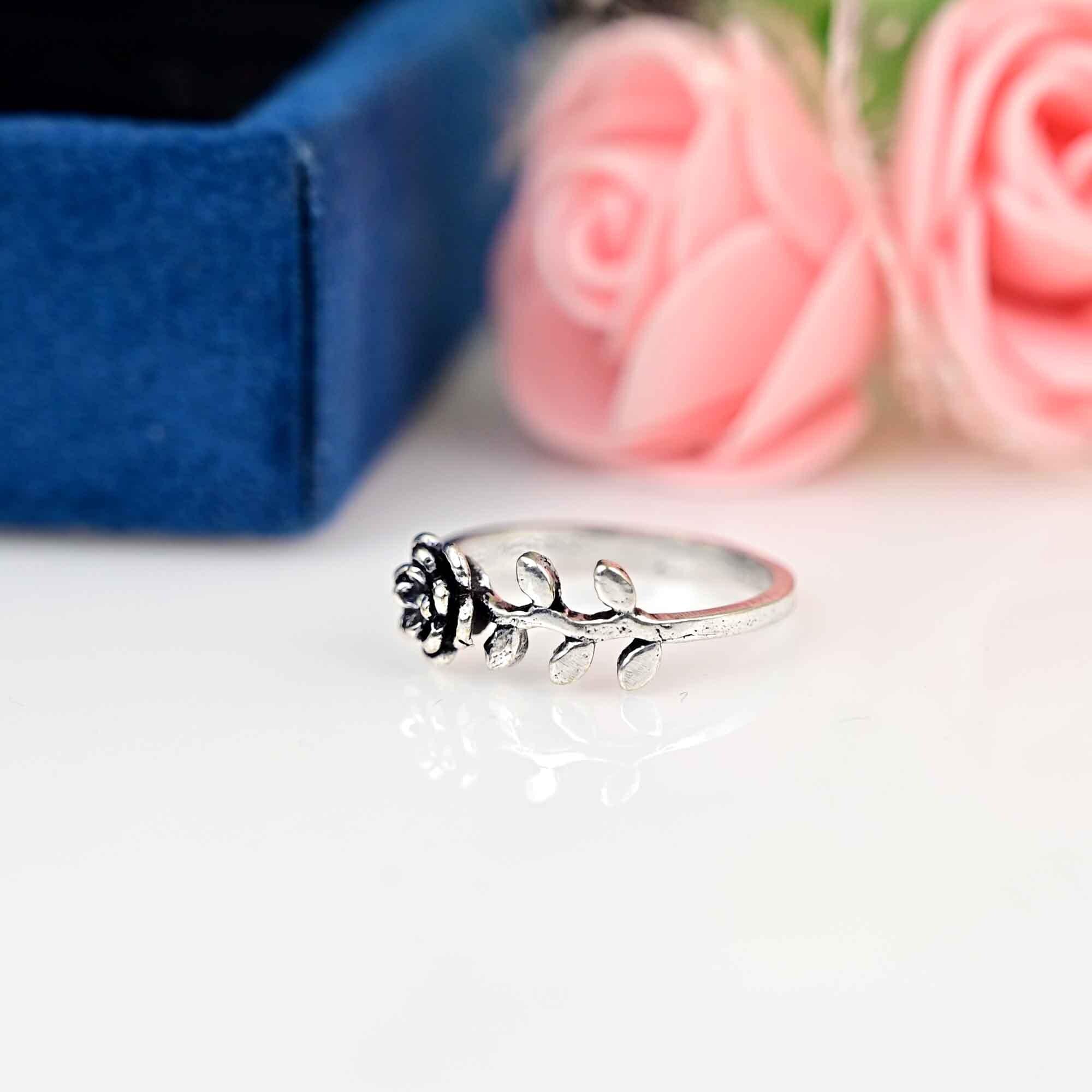 925 Sterling Silver Rose Ring, Flower Ring, Love Ring, Leaf Ring, Statement Ring,