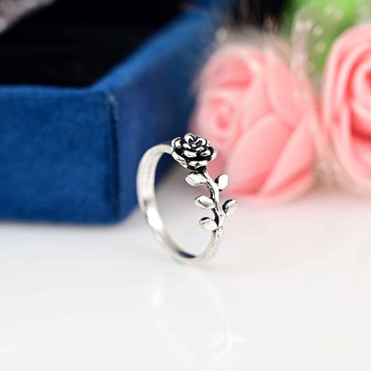 925 Sterling Silver Rose Ring, Flower Ring, Love Ring, Leaf Ring, Statement Ring,