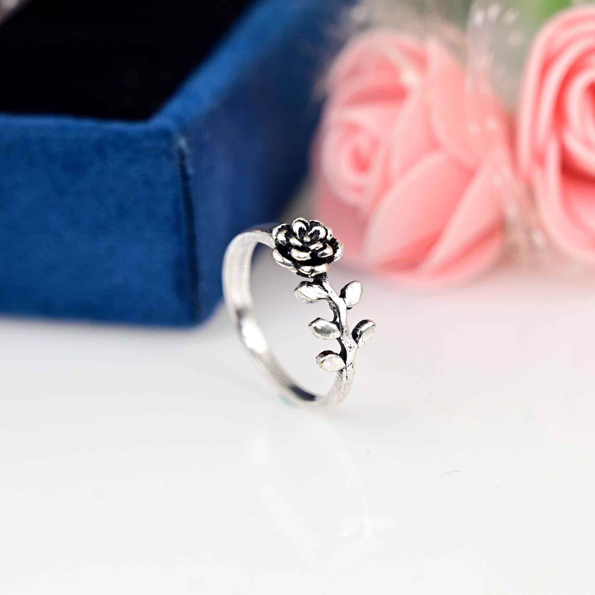 925 Sterling Silver Rose Ring, Flower Ring, Love Ring, Leaf Ring, Statement Ring,