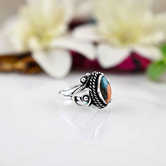 Copper Oyster Turquoise Ring Sterling Silver Ring, 5x10mm Marquise Oyster Turquoise Ring, Turquoise Silver Ring, Gemstone Ring, Gift For Her