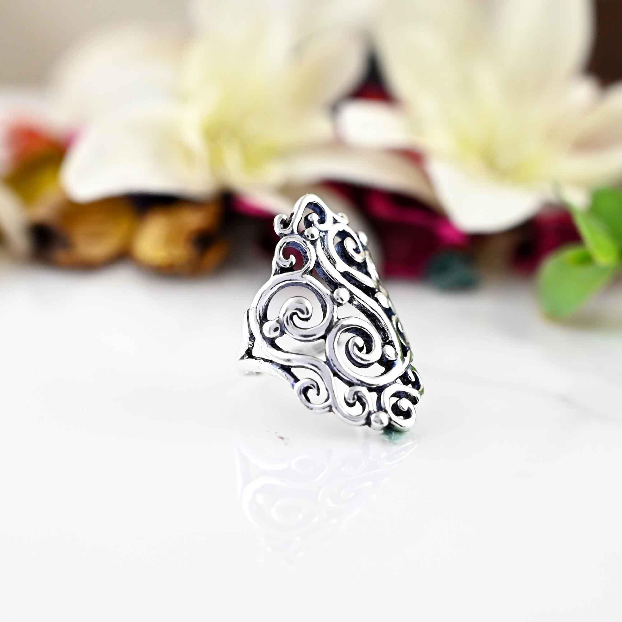 Filigree Long Wide Large Full Finger Big Flower of Life Chunky 925 Sterling Silver Ring, Boho Rings, Statement Bohemian Jewelry for Women,