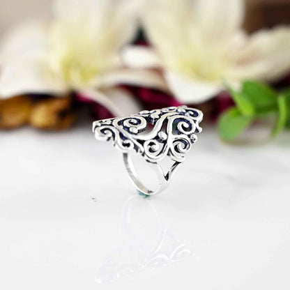 Filigree Long Wide Large Full Finger Big Flower of Life Chunky 925 Sterling Silver Ring, Boho Rings, Statement Bohemian Jewelry for Women,