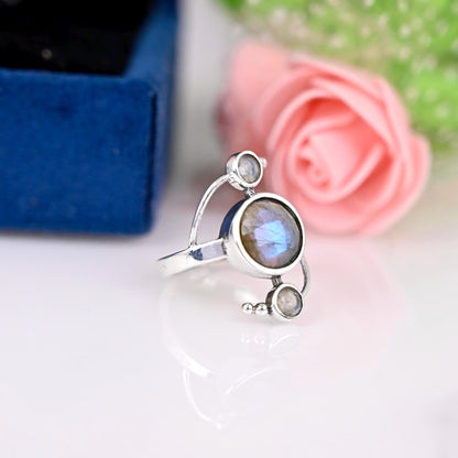 Natural Moonstone and Labradorite ring , Blue flashy two gemstone ring , Sterling silver labradorite ring , bridesmaid gift , gift for her