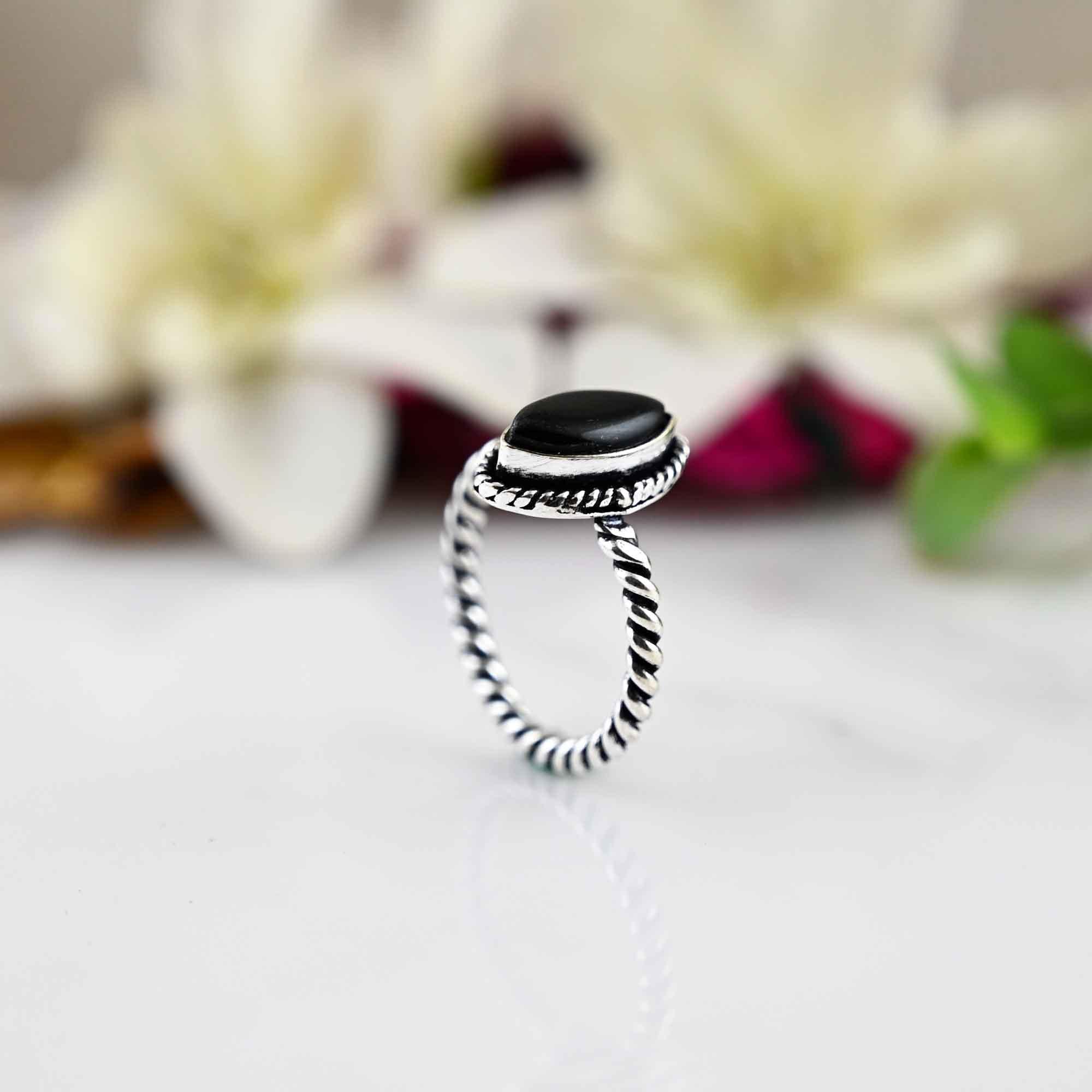 Black Obsidian Ring, Dainty Silver Ring, Black Stone Ring ,Silver Band Ring,  Everyday Silver Ring, Women Jewelry, Mother's  Day Gift