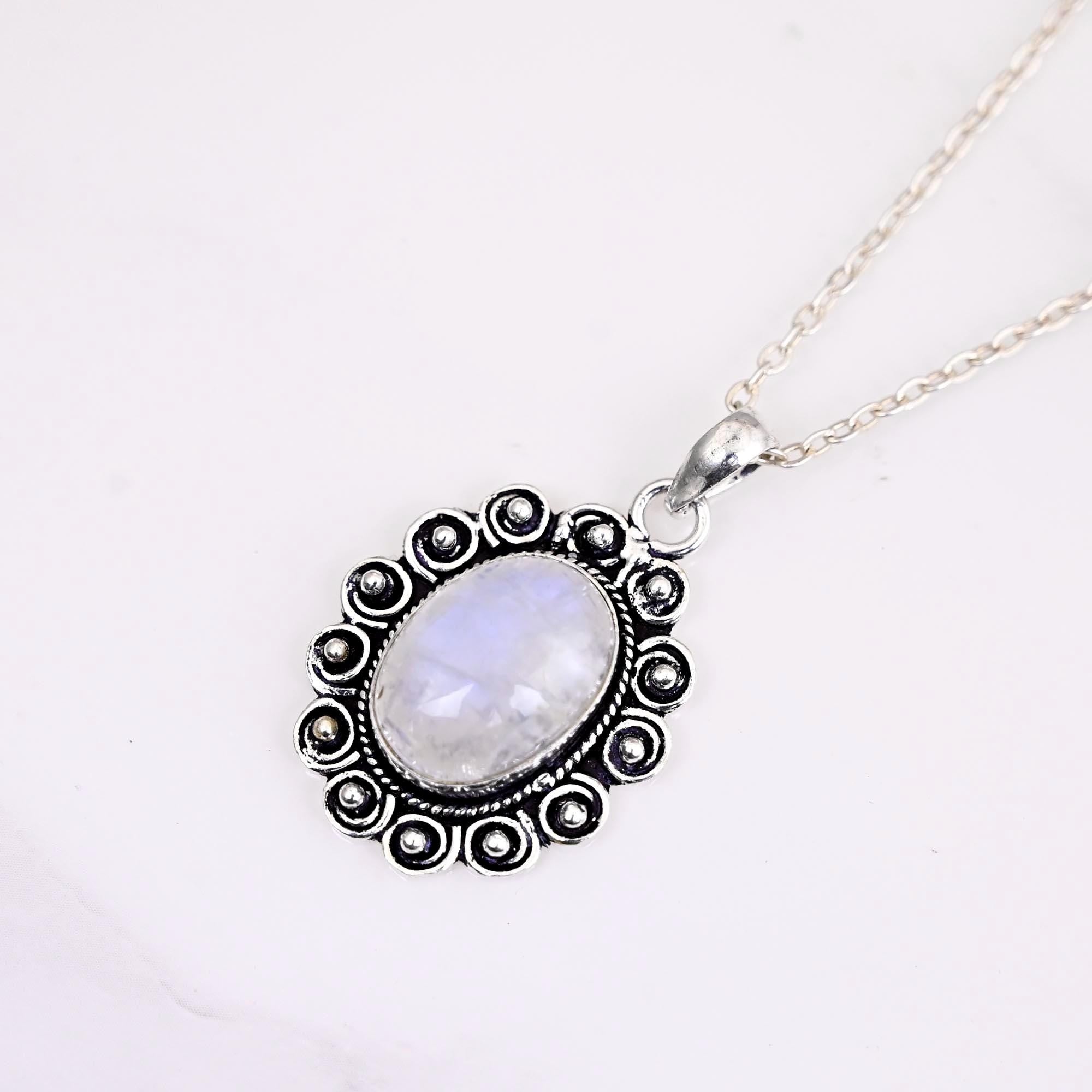 Sterling Silver Necklace for Women, Rainbow Moonstone Necklace, Boho Jewelry, Pendant Charm Stone Gemstone Necklace