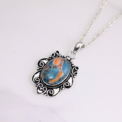 925 Sterling Silver Oyster Copper Turquoise Necklace Pendant For Women, Handmade Silver Oval Gemstone Bohemian Pendant Gifts For Her