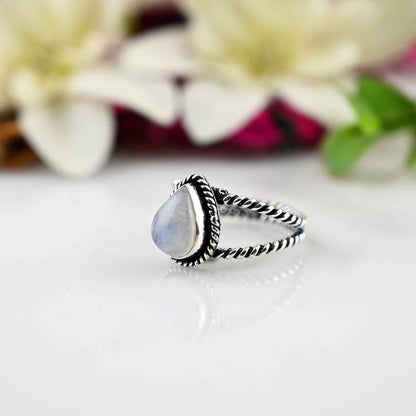 Rainbow Moonstone Silver Ring, 925 Sterling Silver Ring, Moonstone Pear Ring, Moonstone Jewelry, Dainty Silver Ring, Gifts for Women