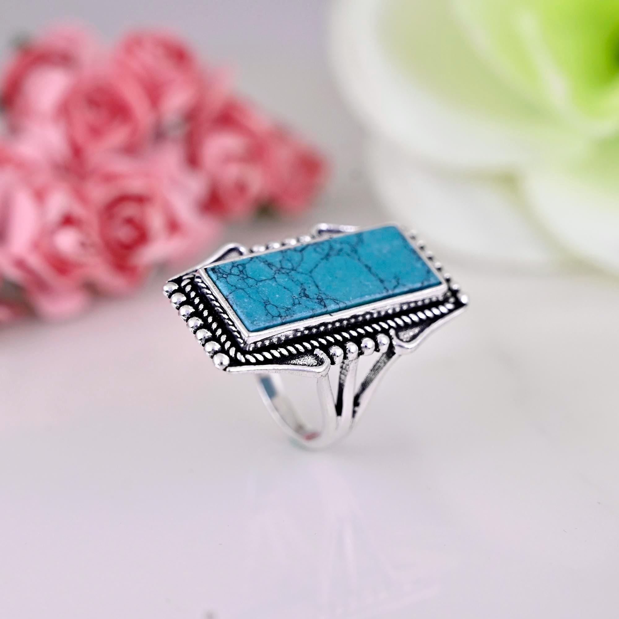 Turquoise Solid 925 Sterling Silver Ring For Women, Rectangle Ring For Wedding Anniversary Gift For Her