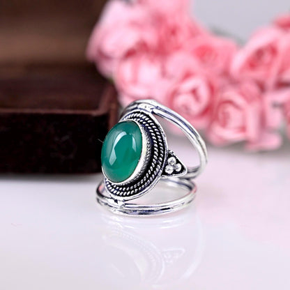 Natural Green Onyx Ring, Handmade Gemstone Ring, 925 Sterling Silver, Statement Ring, Cocktail Ring,Gift for her, Oval Shape Green Onyx Ring