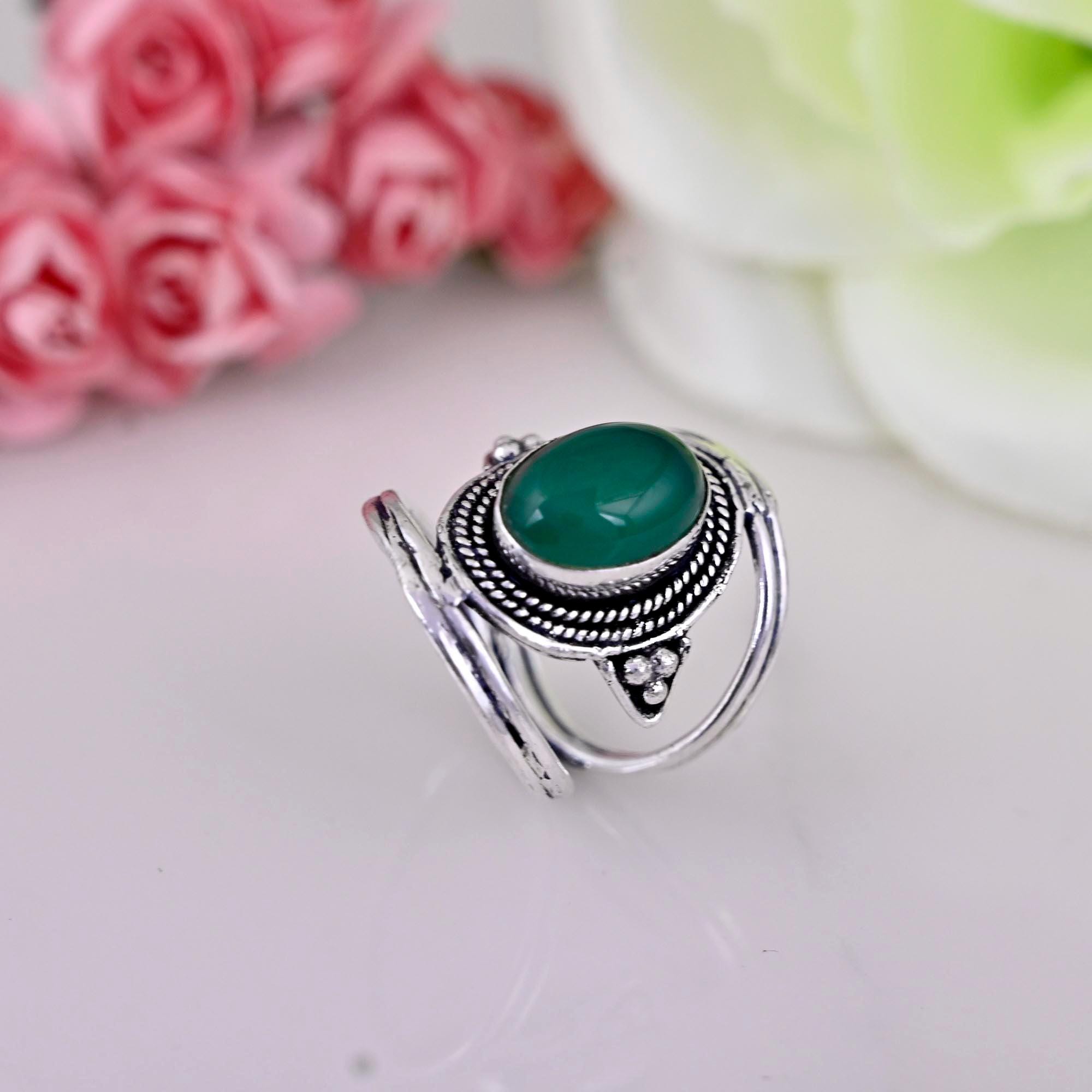 Natural Green Onyx Ring, Handmade Gemstone Ring, 925 Sterling Silver, Statement Ring, Cocktail Ring,Gift for her, Oval Shape Green Onyx Ring