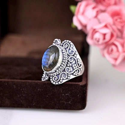 Genuine Labradorite Ring, Labradorite Silver Ring, Labradorite Ring, Womens Ring,  Statement Ring, Labradorite Boho Ring, Anniversary Gift