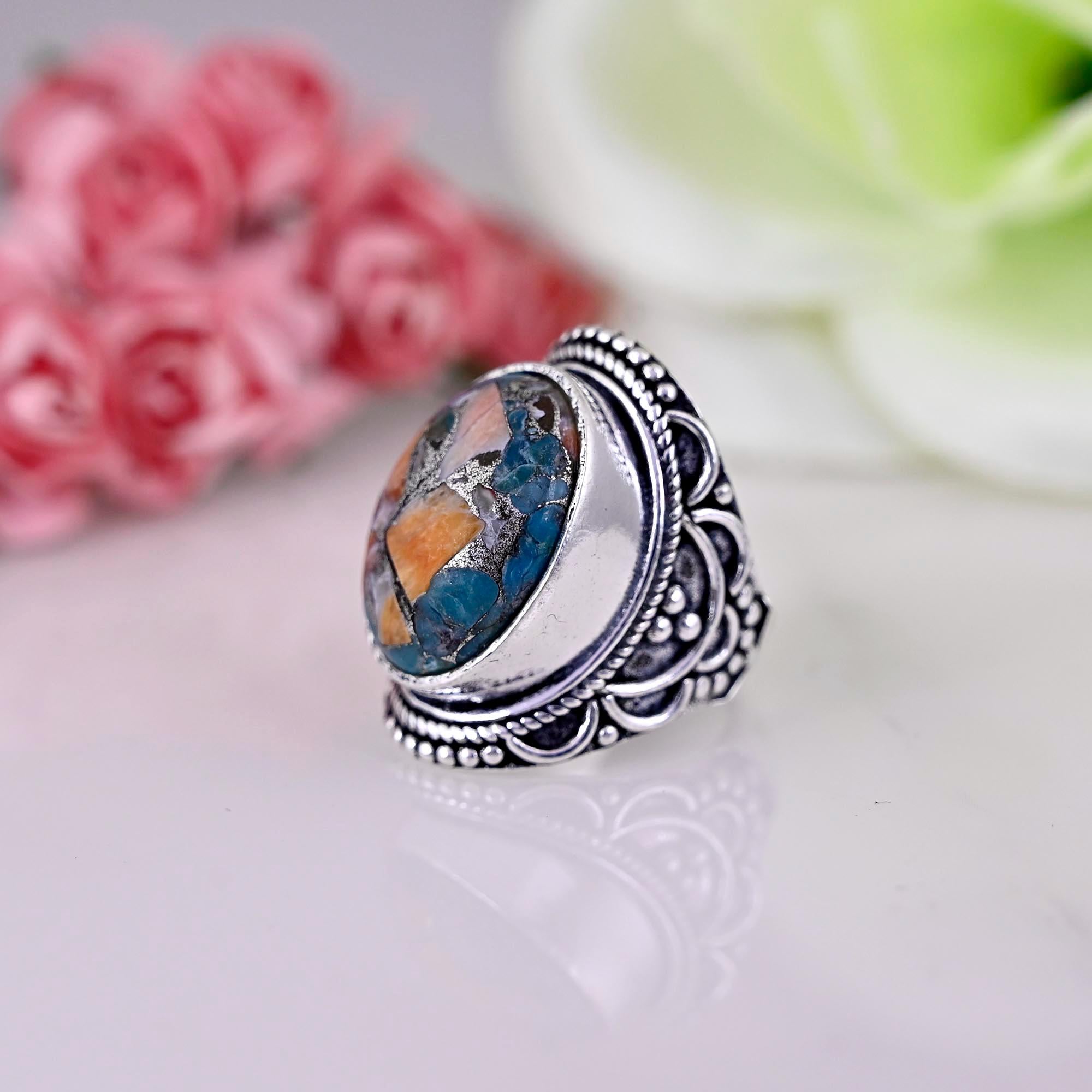 Spiny Oyster Turquoise Ring Sterling Silver, Copper Turquoise Ring, Handmade Unique Gemstone Boho Ring Women, Gift for Her