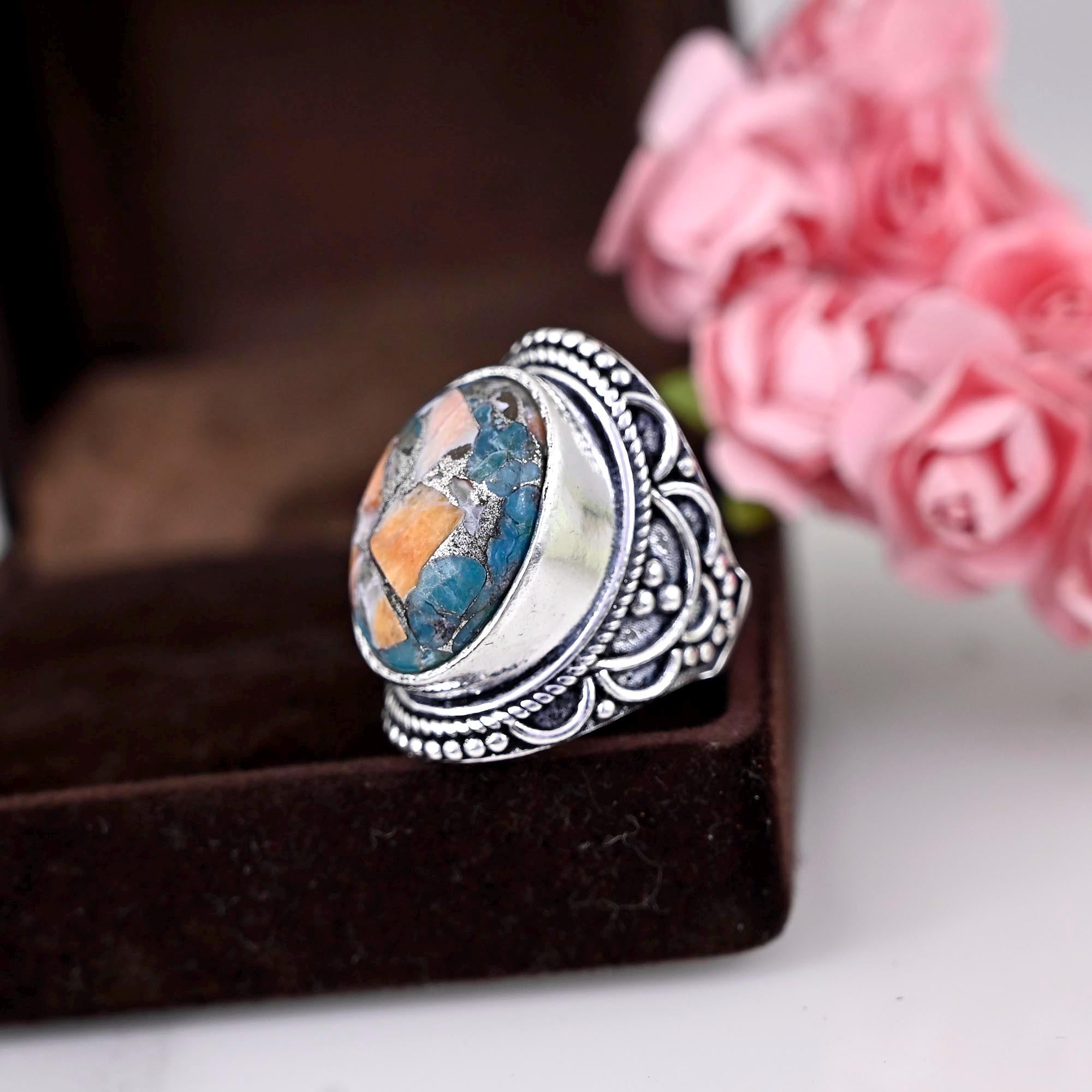 Spiny Oyster Turquoise Ring Sterling Silver, Copper Turquoise Ring, Handmade Unique Gemstone Boho Ring Women, Gift for Her