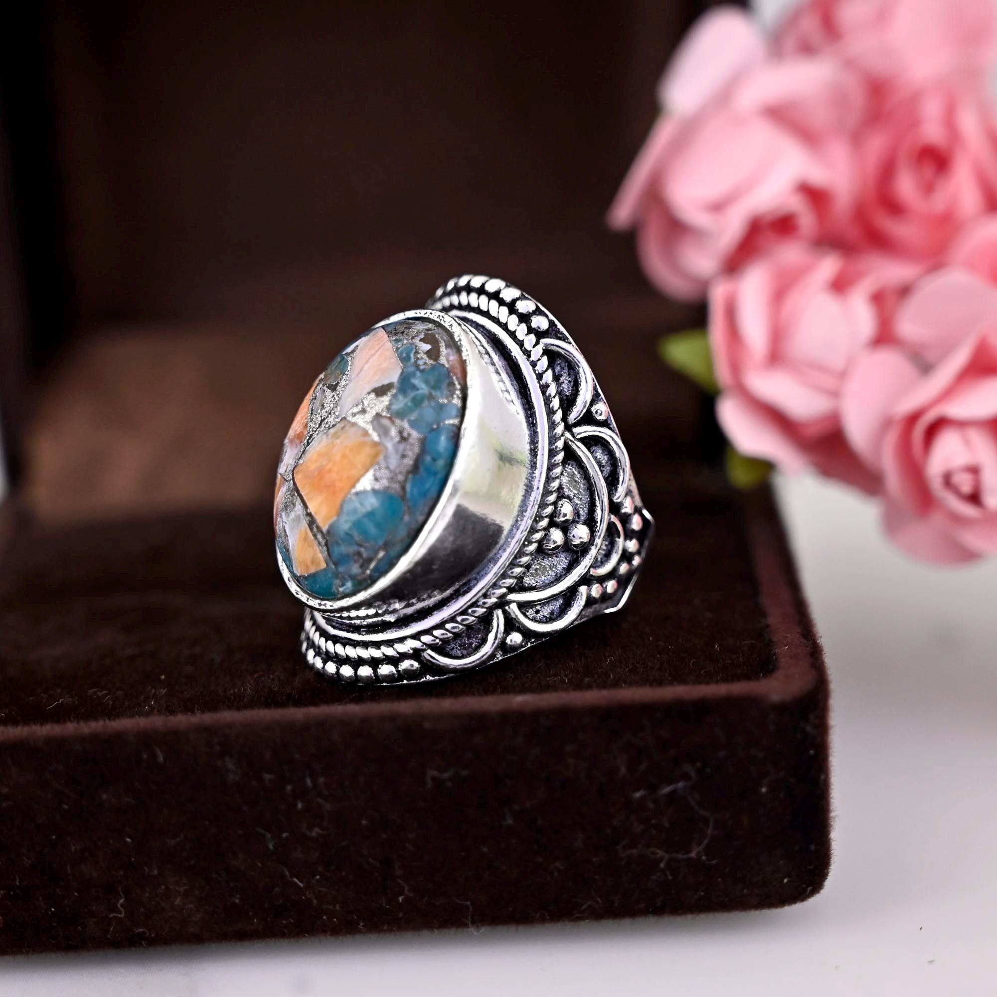 Spiny Oyster Turquoise Ring Sterling Silver, Copper Turquoise Ring, Handmade Unique Gemstone Boho Ring Women, Gift for Her