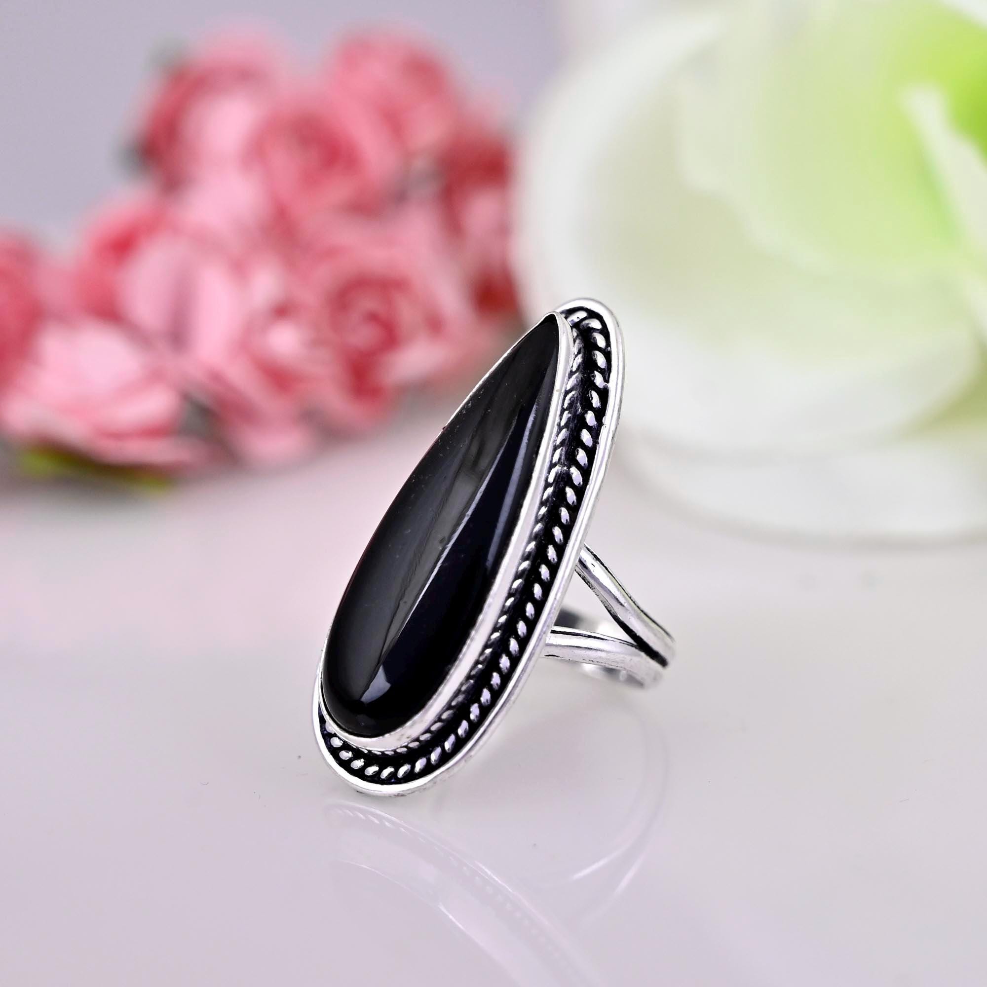 Black Obsidian Ring, 925 sterling silver ring, women gift ring, gemstone ring, silver ring, teardrop black obsidian, obsidian jewelry ,