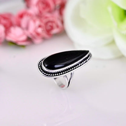 Black Obsidian Ring, 925 sterling silver ring, women gift ring, gemstone ring, silver ring, teardrop black obsidian, obsidian jewelry ,