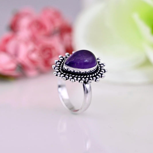 Genuine Amethyst Engagement Ring, Statement Rings Rings For Women 925 Sterling Silver Ring Promise Ring Birthstone Ring Bohemian Jewelry,