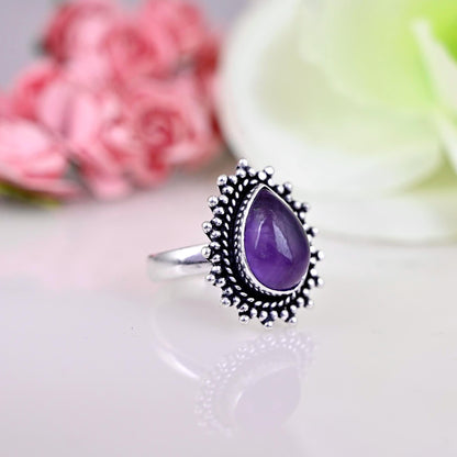 Genuine Amethyst Engagement Ring, Statement Rings Rings For Women 925 Sterling Silver Ring Promise Ring Birthstone Ring Bohemian Jewelry,