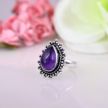 Genuine Amethyst Engagement Ring, Statement Rings Rings For Women 925 Sterling Silver Ring Promise Ring Birthstone Ring Bohemian Jewelry,