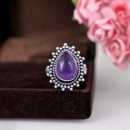 Genuine Amethyst Engagement Ring, Statement Rings Rings For Women 925 Sterling Silver Ring Promise Ring Birthstone Ring Bohemian Jewelry,