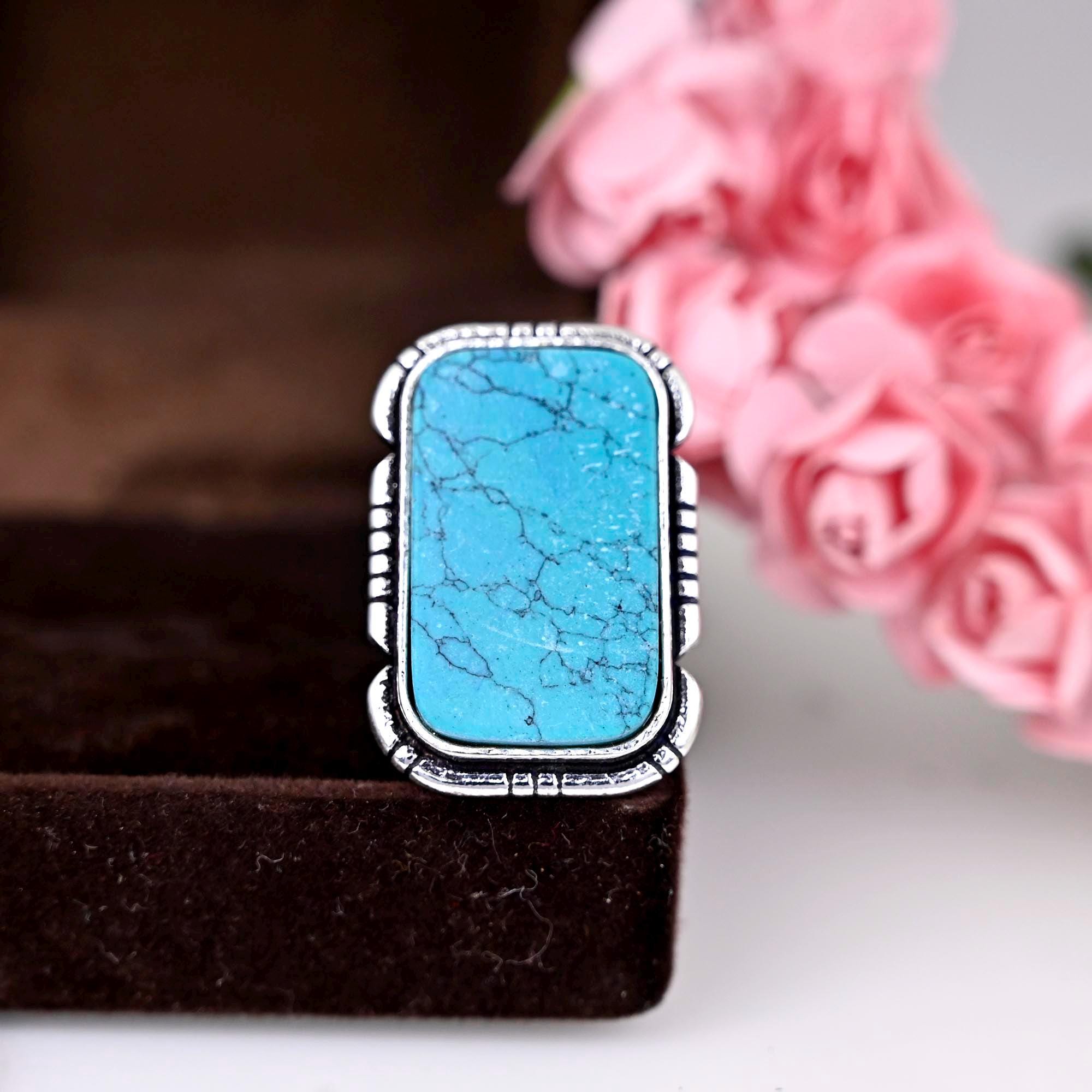 925 Sterling Silver Rings For Women, Turquoise Ring, Blue Rectangle  Cabochon Gemstone Ring, Engagement, Boho, Gift For Her