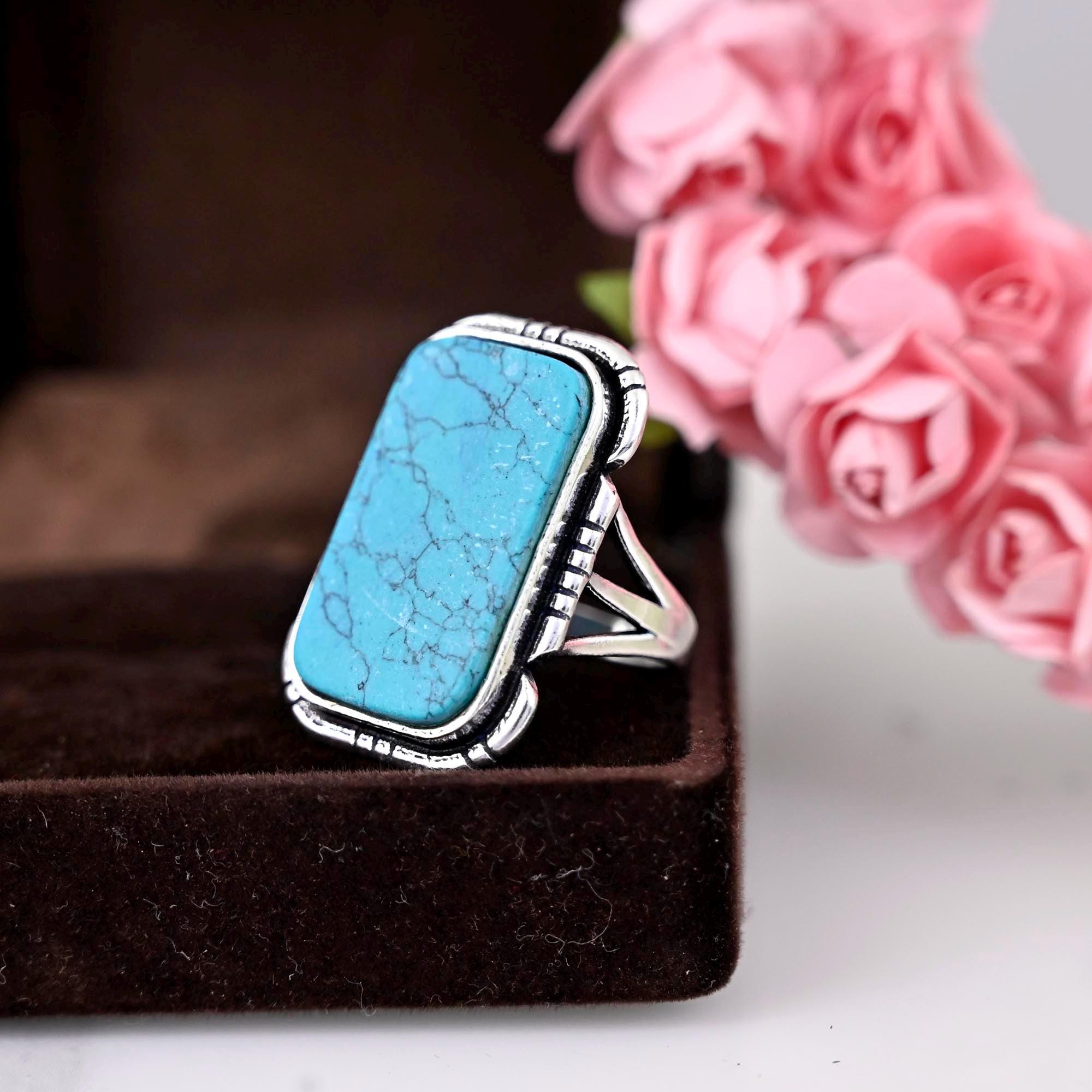 925 Sterling Silver Rings For Women, Turquoise Ring, Blue Rectangle  Cabochon Gemstone Ring, Engagement, Boho, Gift For Her