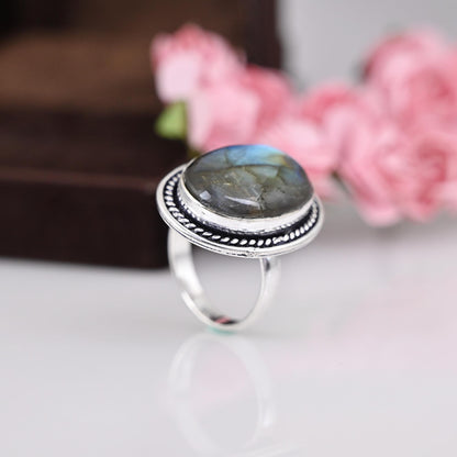 Labradorite Ring for Women, Sterling Silver Ring, Boho Ring, Natural Large Big Blue Stone Ring, Statement Ring