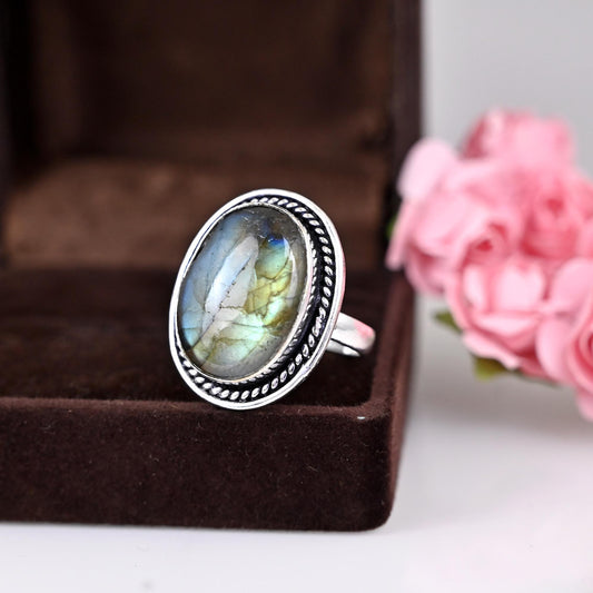 Labradorite Ring for Women, Sterling Silver Ring, Boho Ring, Natural Large Big Blue Stone Ring, Statement Ring