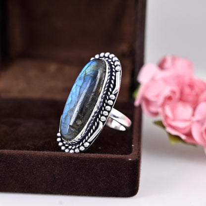 Labradorite Ring, Sterling Silver Ring for Women, Bohemian Jewelry, Chunky Boho Simple Ring with Stone, Big Blue Gemstone