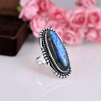 Labradorite Ring, Sterling Silver Ring for Women, Bohemian Jewelry, Chunky Boho Simple Ring with Stone, Big Blue Gemstone