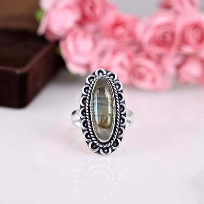 Oval Labradorite Ring, Boho Silver Ring, Genuine Labradorite Ring, Labradorite Silver Ring, Labradorite Ring, Statement Ring Gift,