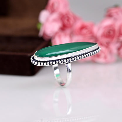 Green Onyx Ring Silver, Solitaire Stone Ring, Green Stone Ring, Stackable Ring, Pear Stone Ring, Long Oval Ring, Gift For Her,