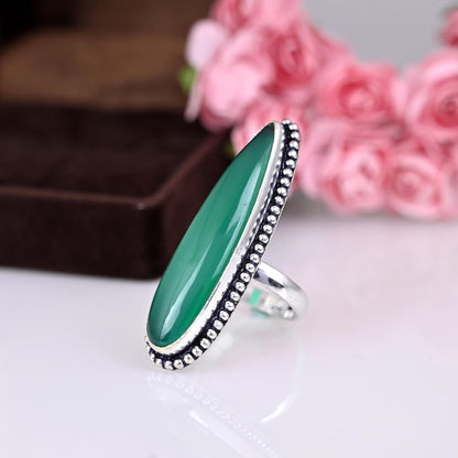 Green Onyx Ring Silver, Solitaire Stone Ring, Green Stone Ring, Stackable Ring, Pear Stone Ring, Long Oval Ring, Gift For Her,